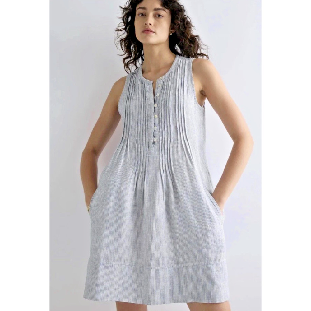 Faherty Isha Linen Mini Dress M Blue White Stripe Button Front Pleated Pockets